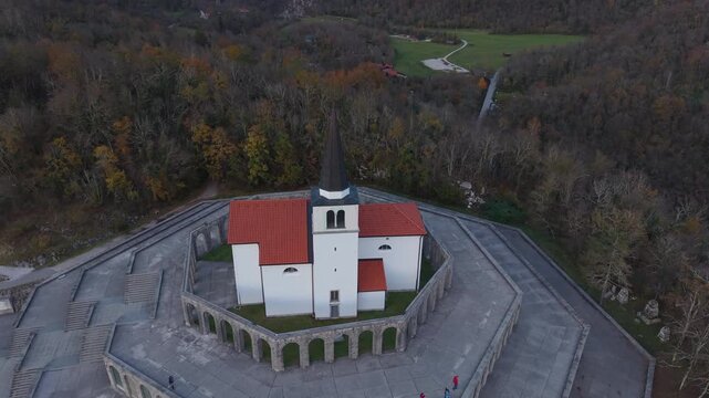 St Anton Church and Kobarid Ossuary memorial aerial view