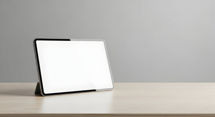 Modern tablet with blank screen sits on a clean wooden desk against a minimalist gray background, ready for creative content.