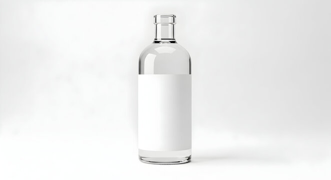 Elegant clear glass bottle with blank white label ready for custom branding, perfect for beverages and product showcases