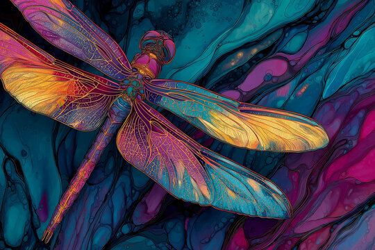 Dragonfly with colorful wings blending into abstract swirls of red, purple, turquoise, gold, and black, with expressive ink lines and rich textures