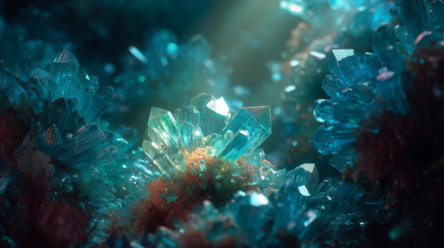 Close-up of vibrant blue crystals with sharp edges and intricate formations. Light reflects off the surfaces, creating a sparkling effect.