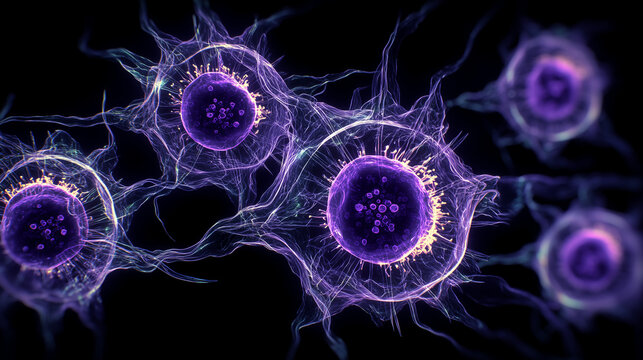 Abstract representation of purple cells with intricate details and glowing edges. The background is black, enhancing the vibrant colors of the cells.