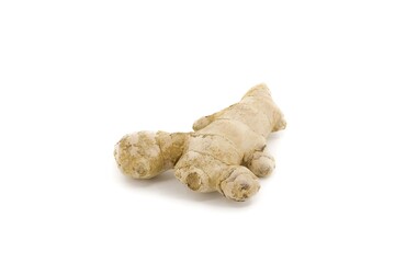 Natural ginger root captured on pure white studio surface.