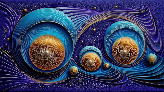 An abstract digital artwork featuring concentric geometric shapes in shades of blue and gold, set against a textured purple background with flowing, rippling li