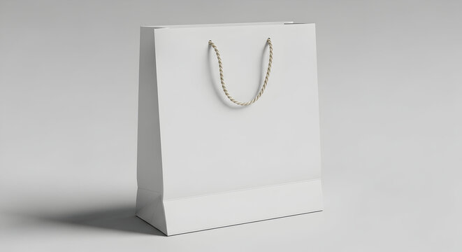 Elegant white paper shopping bag with sturdy rope handles, perfect for showcasing premium retail goods and gift presentation.