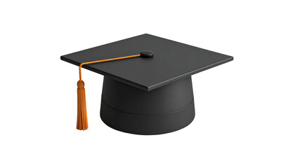 A black graduation cap with orange tassel, set against a solid black background