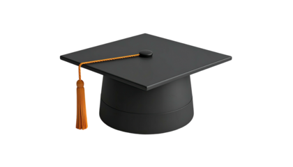 A black graduation cap with orange tassel, set against a solid black background