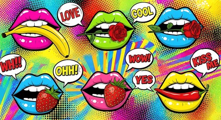 Pop art lips and speech bubbles with fruit and flowers - banana, rose, strawberry, pepper, colorful vector illustration. - 152 characters
