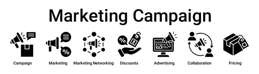 Marketing Campaign banner web icon vector illustration concept for business with icon of Campaign, Marketing, Marketing Networking, Discounts, Advertising, Collaboration.