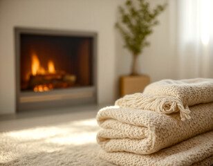 Cozy stack of beige knitted blankets with a warm fireplace in the blurred background. Winter home interior.