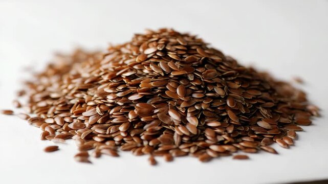 Flax seeds piled on a clean white surface showcasing their rich brown color and texture for healthy eating options