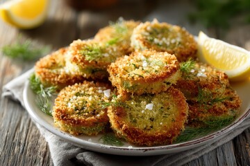 Plate of golden-brown fried green tomatoes under warm window light