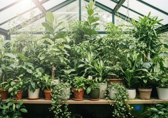 Lush greenery thriving inside a sunlit greenhouse filled with potted plants