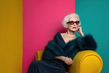 Playful elderly woman fashion portrait: chic attire and confident smile against bright color blocks