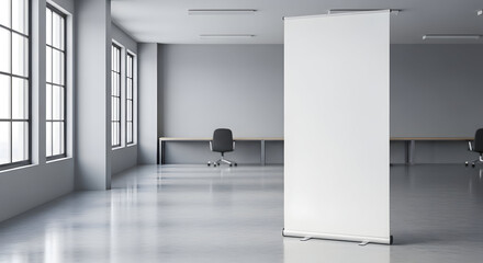 Modern office space with large windows and a blank banner ready for your impactful message, creating a professional and clean presentation environment.