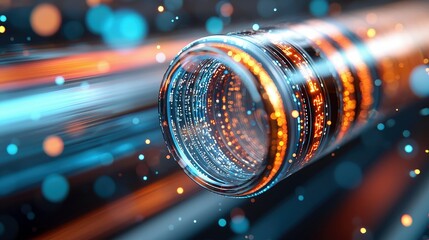 A close-up, abstract view of a transparent cylinder filled with glowing digital particles and illuminated circuits, set against a background of blurred streaks