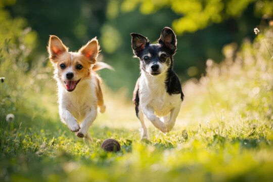 Playful duo of tiny dogs romping on green grass under a clear blue sky