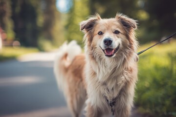 Playful small dog on a leash mid-bark in a bright park scene