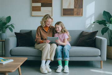 woman sitting on sofa with child girl, smiling and using digital tablet together in living room, demonstrating family bonding and medical care context