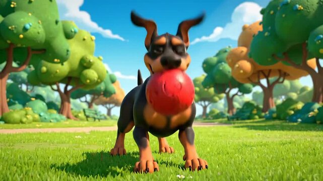 Cartoon dog running towards a red ball on green grass in park