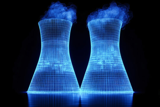A vivid image of a nuclear power plant with blue holographic smokestacks, emphasizing innovation in energy on a dark background - Powered by Adobe