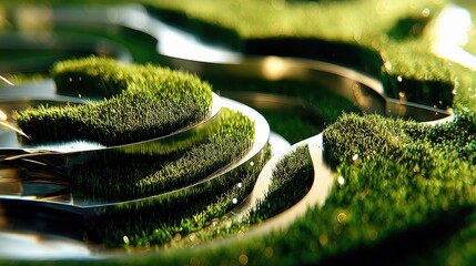 A close-up abstract view of lush green grass growing in curved metallic structures, with soft bokeh lights creating a dreamy atmosphere.