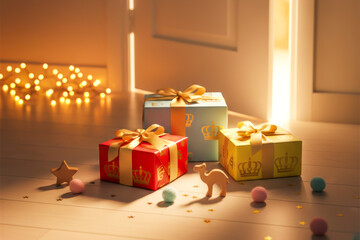 Three Brightly Wrapped Gifts Symbolizing Epiphany On Wooden Floor With Warm Light. Concept Of Three Kings Day, Festive Tradition, Christian Holidays And Children's Seasonal Celebration Magic