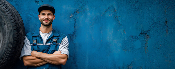A smiling mechanic in blue jumper, white shirt, black ballcap, holding tire in front of blue wall. Hyper-realistic photography