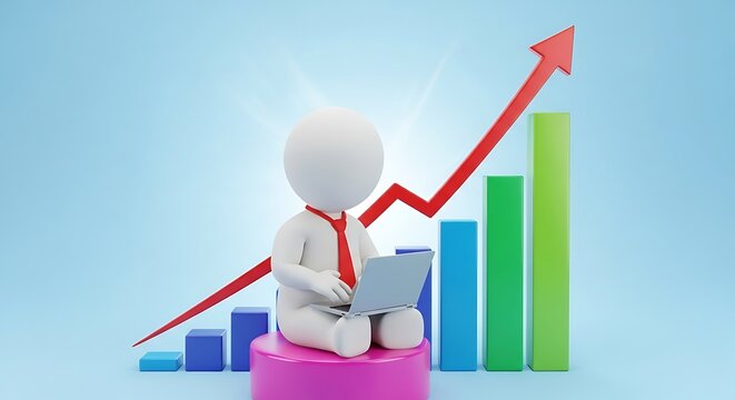 White 3D figure works on a laptop with colorful financial graphs showing positive growth