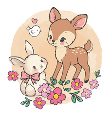 Obraz premium Hand drawn vector cute deer and bunny with flowers kids print
