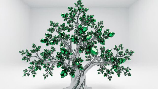 Animated Silver Tree With Emerald Leaves Rotates in a White Room