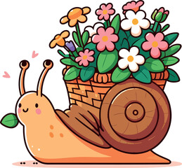 Cute Snail Carrying a Basket of Spring Flowers