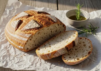 Artisan sourdough bread with herbs and olive oil dip on white paper