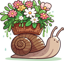 Cute Snail Carrying a Basket of Spring Flowers