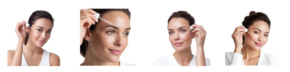 Fototapeta premium Set of skincare serum application poses isolated on transparent background