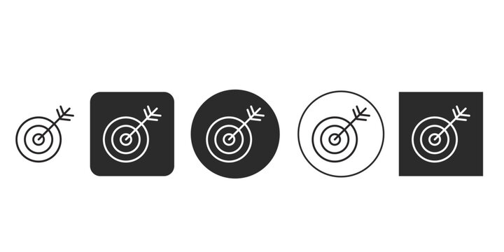 Target and arrow icon set for business goals | Minimalist achievement symbol vector graphic | Black and white bullseye success metaphor illustration