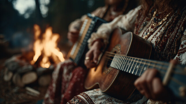 Musicians play traditional folk music around a campfire in a Slavic village during a cultural celebration at dusk