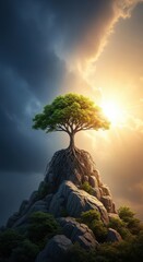 Lone tree stands resiliently on rocky summit under dramatic contrasting skies