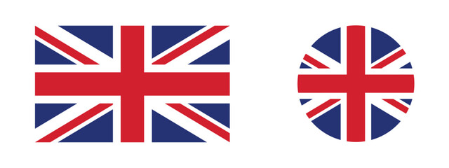 Vector set of the United Kingdom flag (Union Jack) in rectangular and circular icon styles. Clean, high-quality design perfect for apps, websites, education, presentations, and international projects. © Srikanth_K