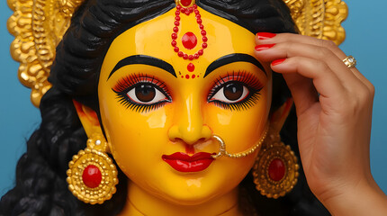 Young woman wearing a colorful carnival mask with painted makeup and red hair