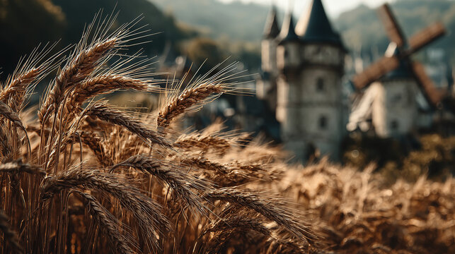 Wheat fields sway gently in a Slavic village, framed by historic windmills and lush countryside in the golden hour of sunset