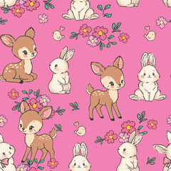 Hand drawn vector cute Bunny and Deer pink seamless pattern with forest animals kids print 