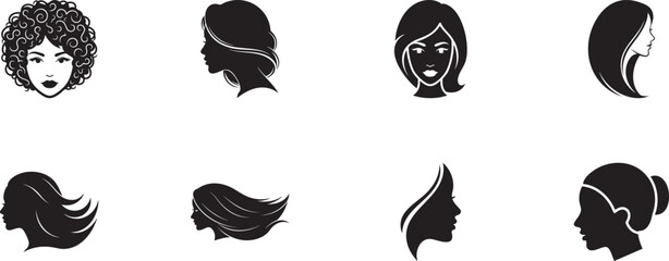  Beauty Women Face Icons Set.  Vector logo icon for beauty, fashion, spa, and salon. Minimalist female head silhouette drawing for cosmetics and skincare design.