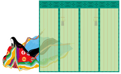 日本の伝統的な着物の正装の十二単衣の衣装。御簾の後ろの女性。