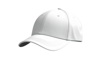 A pristine white baseball cap, isolated on a stark black background, angled view