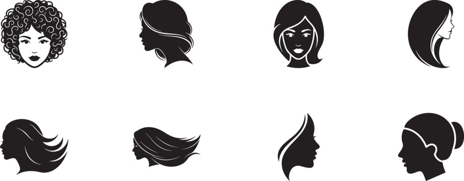  Beauty Women Face Icons Set.  Vector logo icon for beauty, fashion, spa, and salon. Minimalist female head silhouette drawing for cosmetics and skincare design.