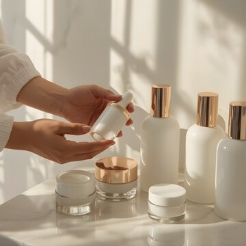 Hands Holding Skincare Serum Bottle in Sunlight