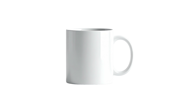 White, cylindrical ceramic mug, handle visible, against a black background
