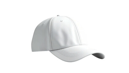 A plain white baseball-style cap, floating against a stark black backdrop