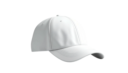 A plain white baseball-style cap, floating against a stark black backdrop